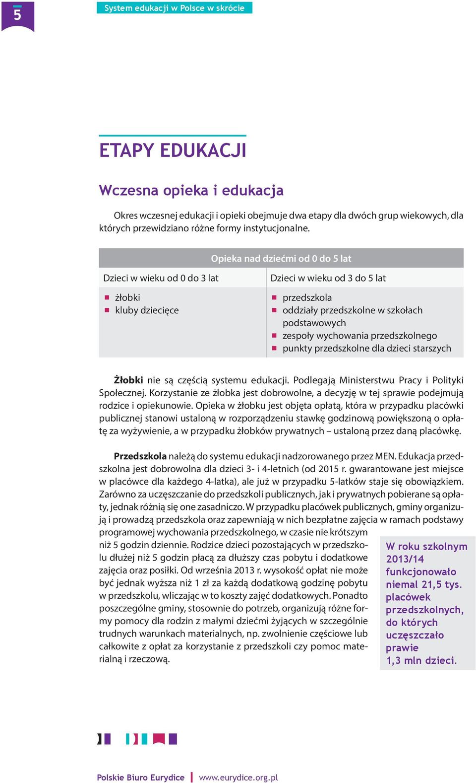 przedszkolnego punkty przedszkolne dla dzieci starszych Żłobki nie są częścią systemu edukacji. Podlegają Ministerstwu Pracy i Polityki Społecznej.