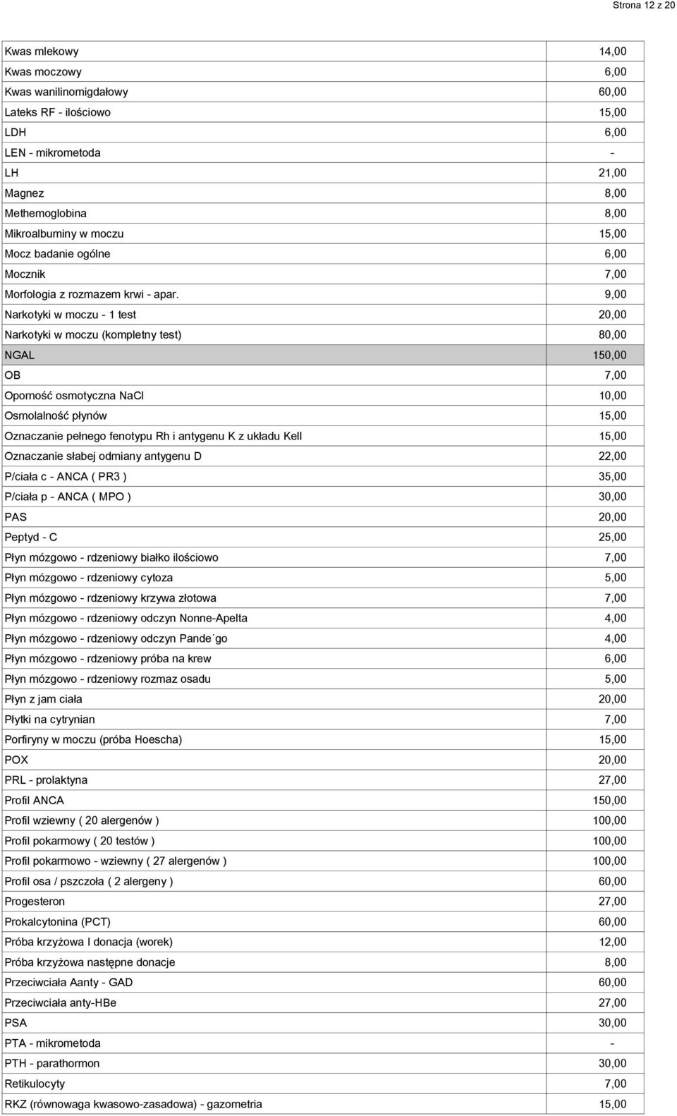 9,00 Narkotyki w moczu - 1 test 20,00 Narkotyki w moczu (kompletny test) 80,00 NGAL 150,00 OB 7,00 Oporność osmotyczna NaCl 10,00 Osmolalność płynów 15,00 Oznaczanie pełnego fenotypu Rh i antygenu K