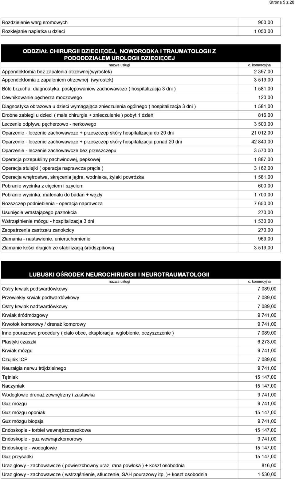 pęcherza moczowego 120,00 Diagnostyka obrazowa u dzieci wymagająca znieczulenia ogólnego ( hospitalizacja 3 dni ) 1 581,00 Drobne zabiegi u dzieci ( mała chirurgia + znieczulenie ) pobyt 1 dzień