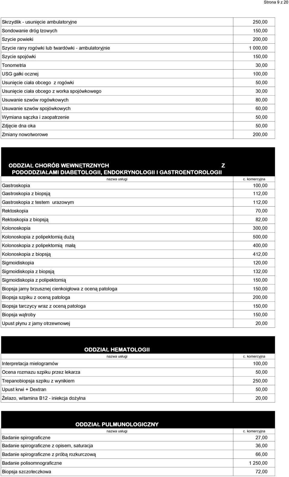 Wymiana sączka i zaopatrzenie 50,00 Zdjęcie dna oka 50,00 Zmiany nowotworowe 200,00 ODDZIAŁ CHORÓB WEWNĘTRZNYCH Z PODODDZIAŁAMI DIABETOLOGII, ENDOKRYNOLOGII I GASTROENTOROLOGII Gastroskopia 100,00