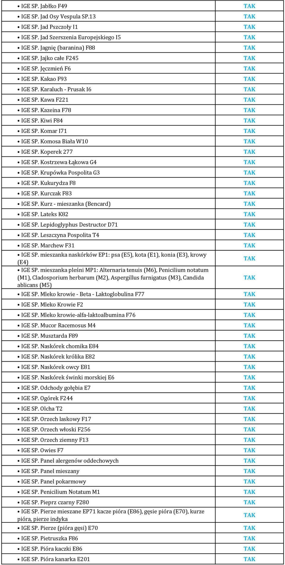 Krupówka Pospolita G3 IGE SP. Kukurydza F8 IGE SP. Kurczak F83 IGE SP. Kurz - mieszanka (Bencard) IGE SP. Lateks K82 IGE SP. Lepidoglyphus Destructor D71 IGE SP. Leszczyna Pospolita T4 IGE SP.