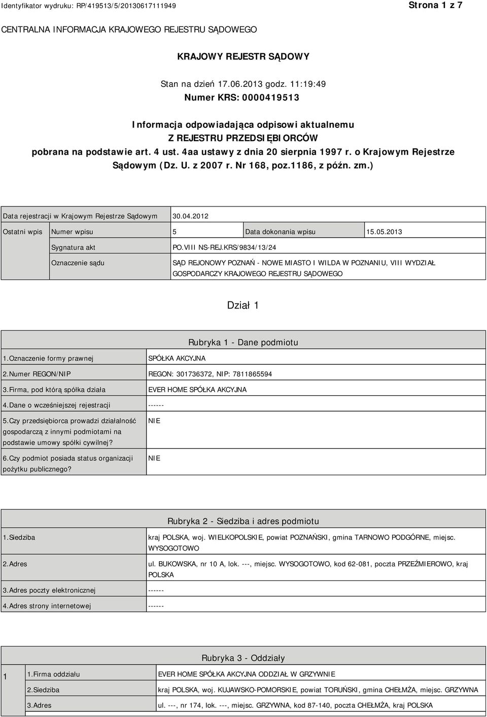 o Krajowym Rejestrze Sądowym (Dz. U. z 2007 r. Nr 168, poz.1186, z późn. zm.) Data rejestracji w Krajowym Rejestrze Sądowym 30.04.2012 Ostatni wpis Numer wpisu 5 Data dokonania wpisu 15.05.