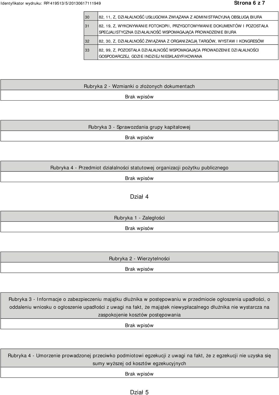 SKLASYFIKOWANA Rubryka 2 - Wzmianki o złożonych dokumentach Rubryka 3 - Sprawozdania grupy kapitałowej Rubryka 4 - Przedmiot działalności statutowej organizacji pożytku publicznego Dział 4 Rubryka 1