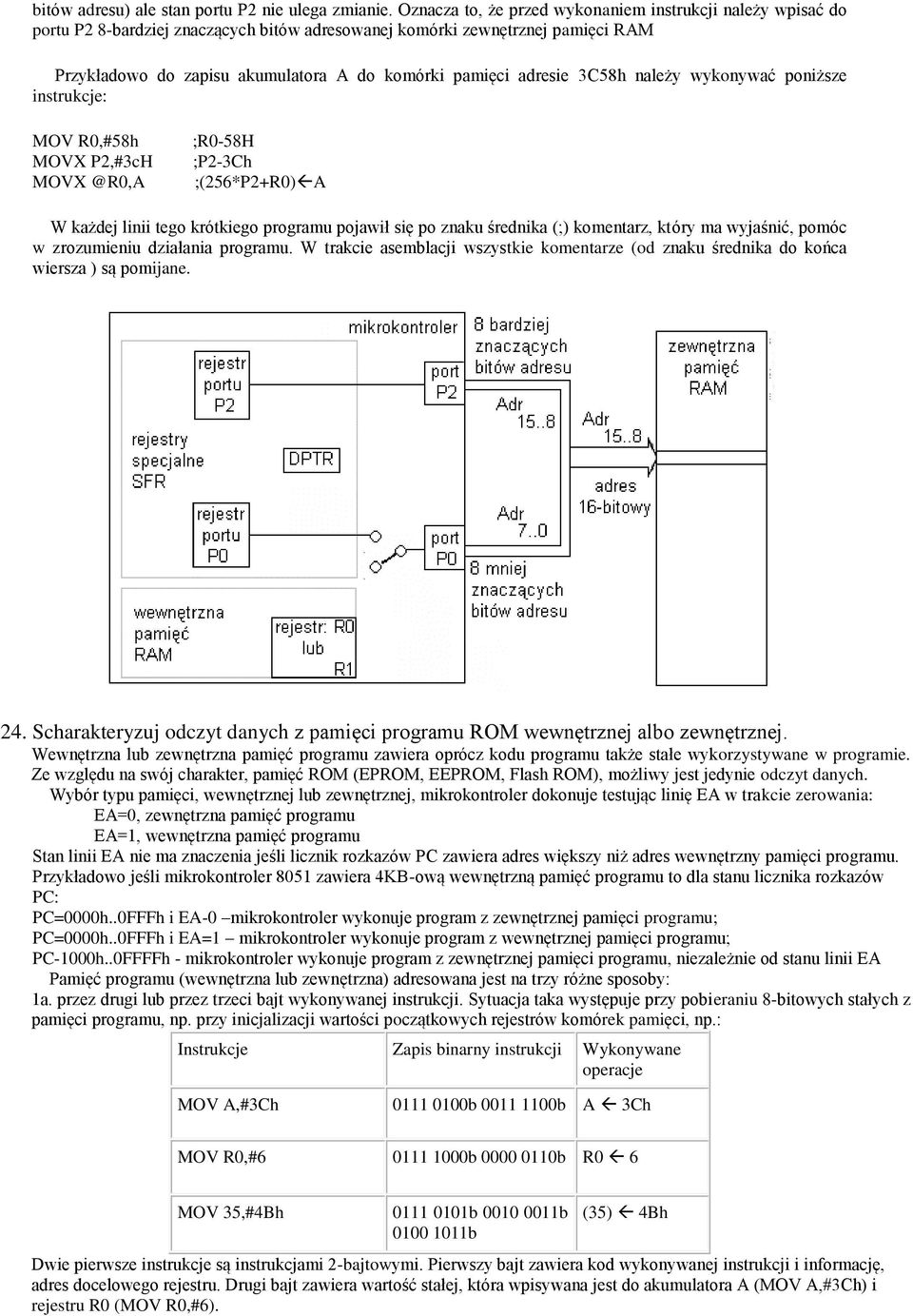 adresie 3C58h należy wykonywać poniższe instrukcje: MOV R0,#58h MOVX P2,#3cH MOVX @R0,A ;R0-58H ;P2-3Ch ;(256*P2+R0) A W każdej linii tego krótkiego programu pojawił się po znaku średnika (;)