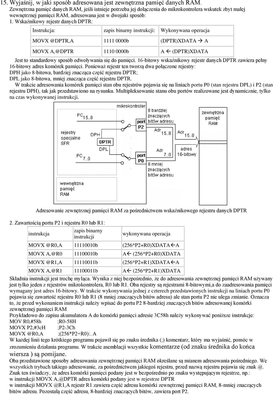 Wskaźnikowy rejestr danych DPTR: Instrukcja: zapis binarny instrukcji: Wykonywana operacja MOVX @DPTR,A 1111 0000b (DPTR)XDATA A MOVX A,@DPTR 1110 0000b A (DPTR)XDATA Jest to standardowy sposób