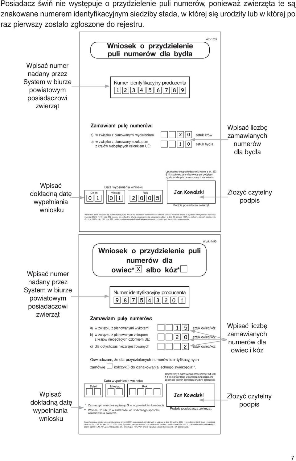 nadany przez System w biurze powiatowym posiadaczowi zwierzàt Wniosek o przydzielenie puli numerów dla byd a Numer identyfikacyjny producenta Wb-1/55 Zamawiam pul numerów: a) w zwiàzku z planowanymi