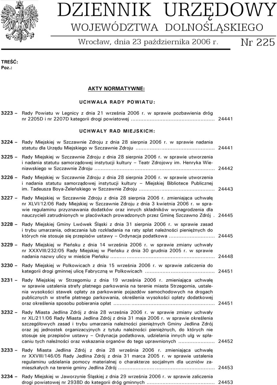 w sprawie nadania statutu dla Urzędu Miejskiego w Szczawnie Zdroju..... 24441 3225 Rady Miejskiej w Szczawnie Zdroju z dnia 28 sierpnia 2006 r.