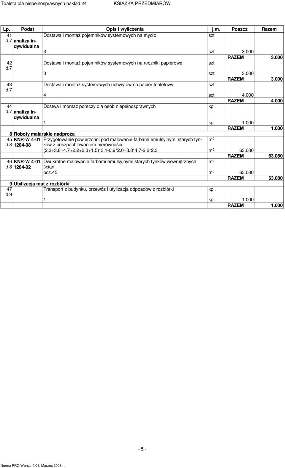 7 analiza indywidualna kpl..000.000 8 Roboty malarskie nadproża 45 KNR-W 4-0 Przygotowanie powierzchni pod malowanie farbami emulsyjnymi starych tynków m 2 8 204-08 z poszpachlowaniem nierówności (2.