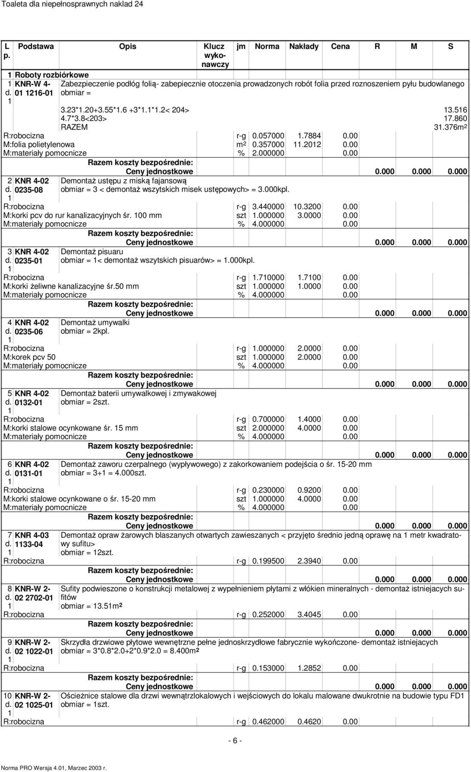 00 2 KNR 4-02 0235-08 Demontaż ustępu z miską fajansową obmiar = 3 < demontaż wszytskich misek ustępowych> = 3.000kpl. R:robocizna r-g 3.440000 0.3200 0.00 M:korki pcv do rur kanalizacyjnych śr.