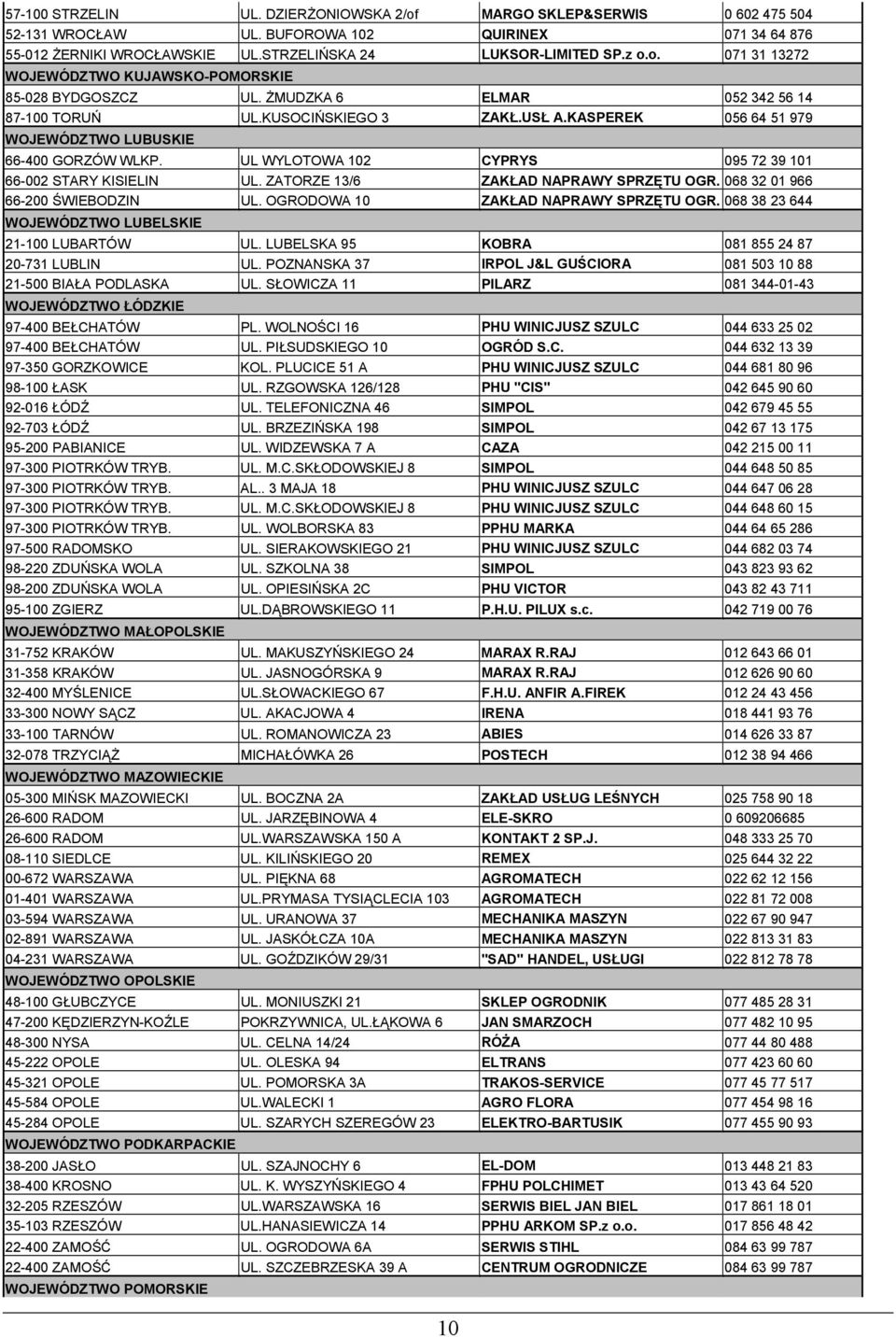 ZATORZE 13/6 ZAKŁAD NAPRAWY SPRZĘTU OGR. 068 32 01 966 66-200 ŚWIEBODZIN UL. OGRODOWA 10 ZAKŁAD NAPRAWY SPRZĘTU OGR. 068 38 23 644 WOJEWÓDZTWO LUBELSKIE 21-100 LUBARTÓW UL.