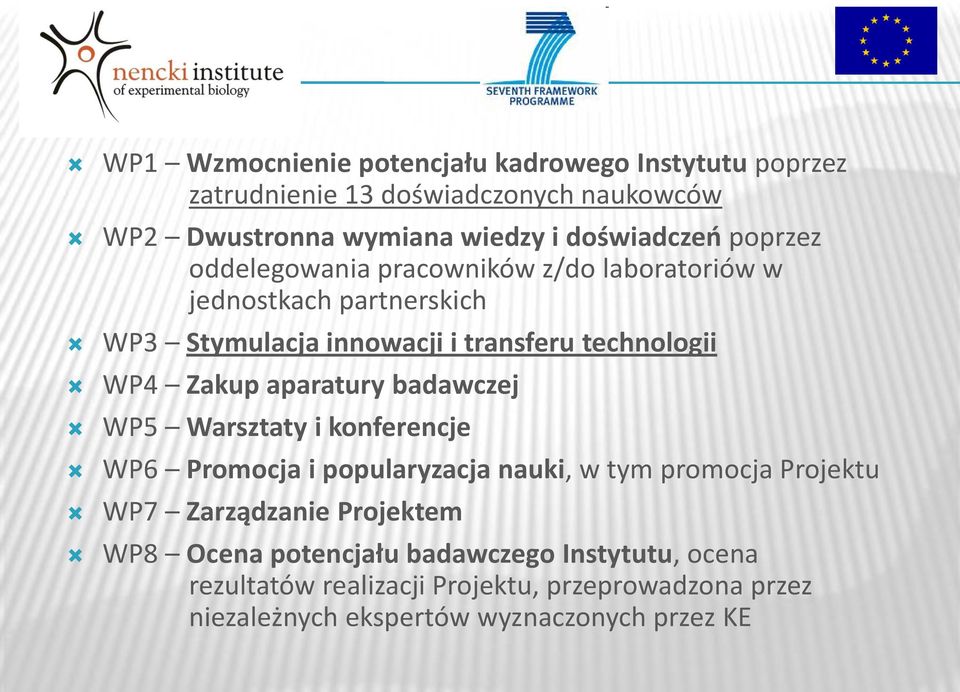 aparatury badawczej WP5 Warsztaty i konferencje WP6 Promocja i popularyzacja nauki, w tym promocja Projektu WP7 Zarządzanie Projektem WP8