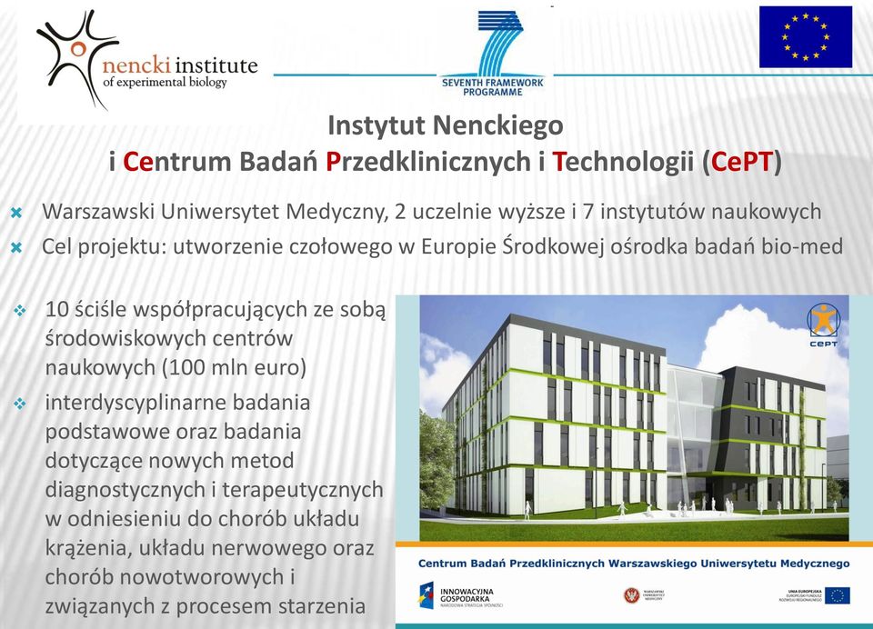 środowiskowych centrów naukowych (100 mln euro) interdyscyplinarne badania podstawowe oraz badania dotyczące nowych metod