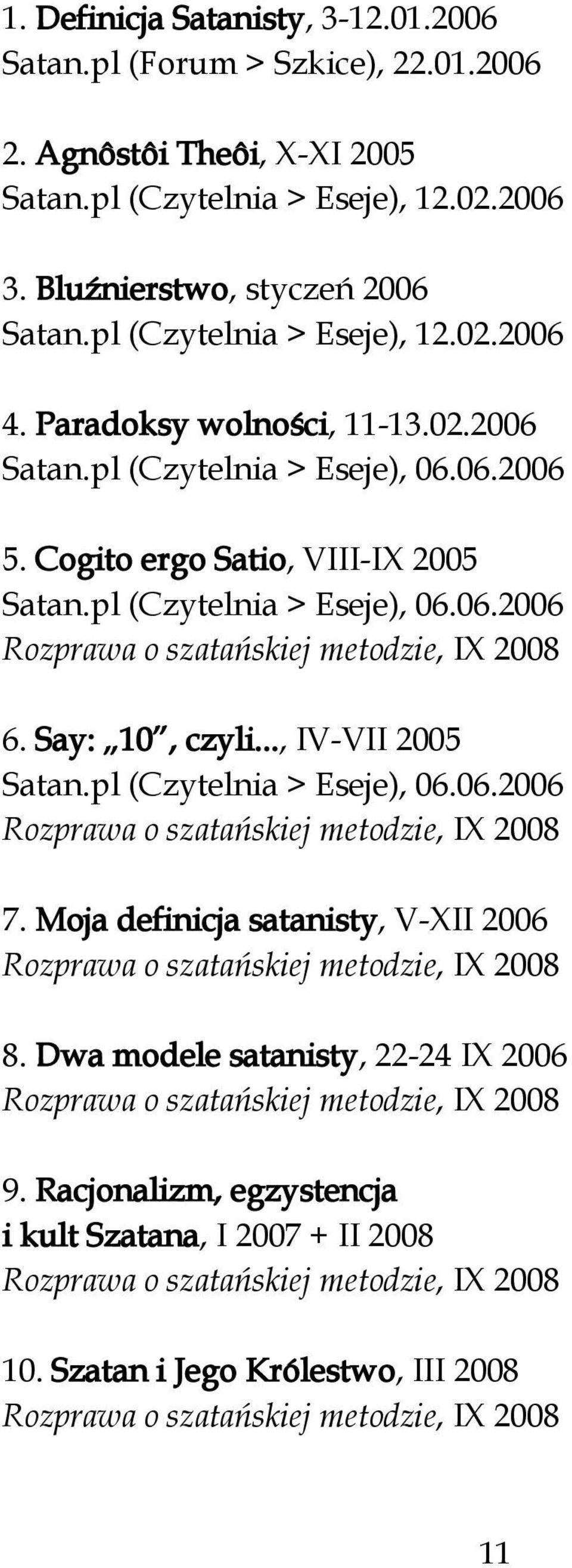 Say: 10, czyli..., IV-VII 2005 Satan.pl (Czytelnia > Eseje), 06.06.2006 Rozprawa o szatańskiej metodzie, IX 2008 7. Moja definicja satanisty, V-XII 2006 Rozprawa o szatańskiej metodzie, IX 2008 8.