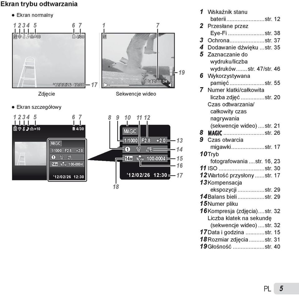 0 100-0004 12/02/26 12:30 19 13 14 15 16 17 1 Wskaźnik stanu baterii...str. 12 2 Przesłane przez Eye-Fi...str. 38 3 Ochrona...str. 37 4 Dodawanie dźwięku...str. 35 5 Zaznaczanie do wydruku/liczba wydruków.