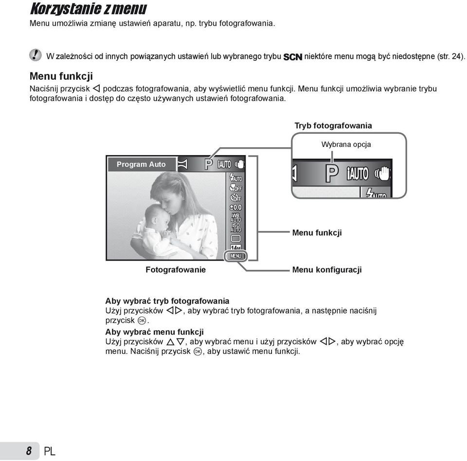 Menu funkcji umożliwia wybranie trybu fotografowania i dostęp do często używanych ustawień fotografowania. Tryb fotografowania Program Auto P Wybrana opcja P 0.