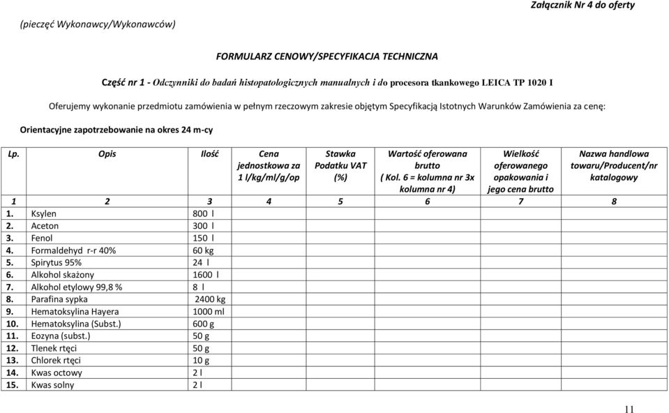 Opis Ilośd Cena jednostkowa za 1 l/kg/ml/g/op Stawka Podatku VAT (%) Wartośd oferowana brutto ( Kol.