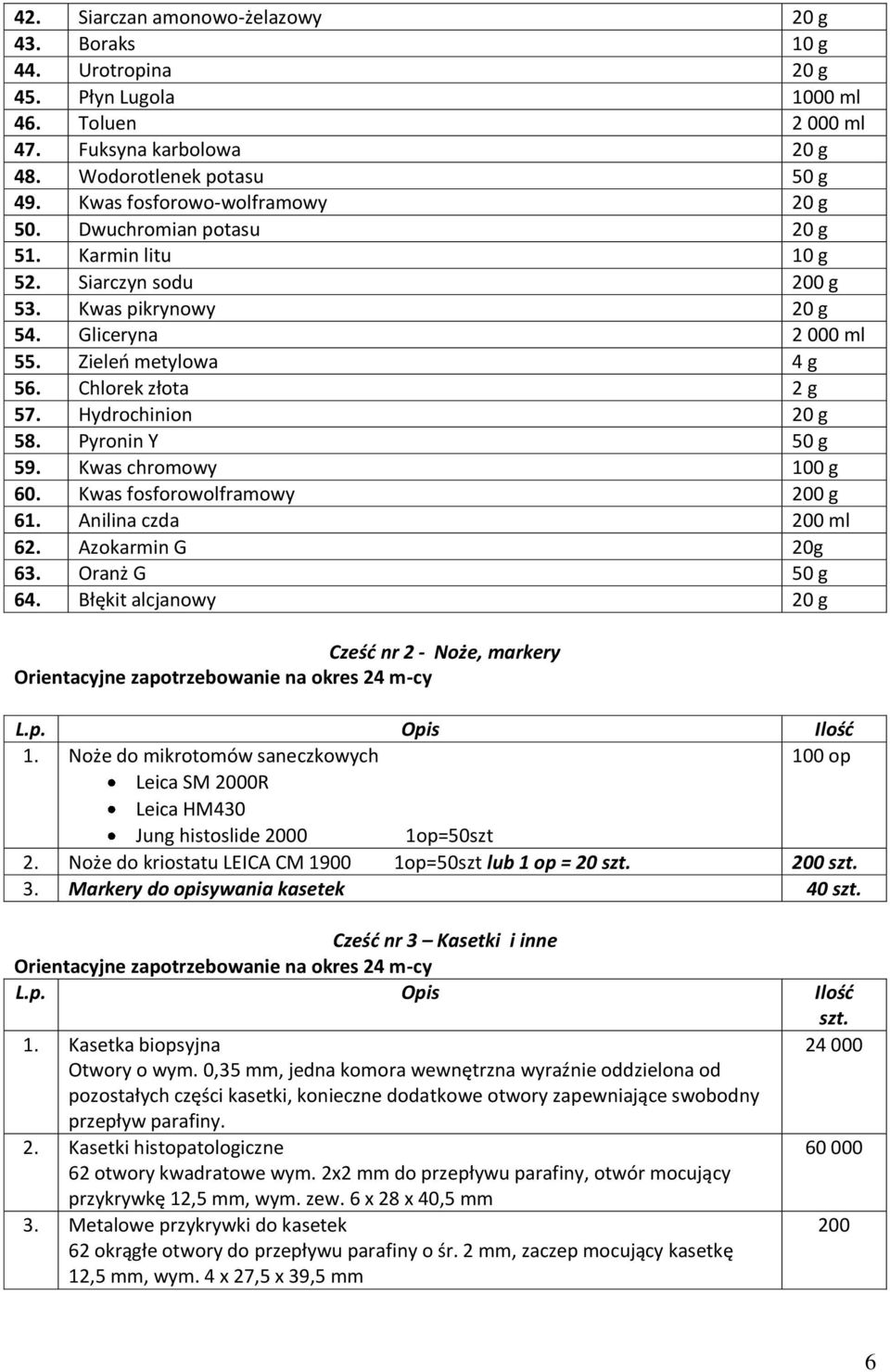 Hydrochinion 20 g 58. Pyronin Y 50 g 59. Kwas chromowy 100 g 60. Kwas fosforowolframowy 200 g 61. Anilina czda 200 ml 62. Azokarmin G 20g 63. Oranż G 50 g 64.