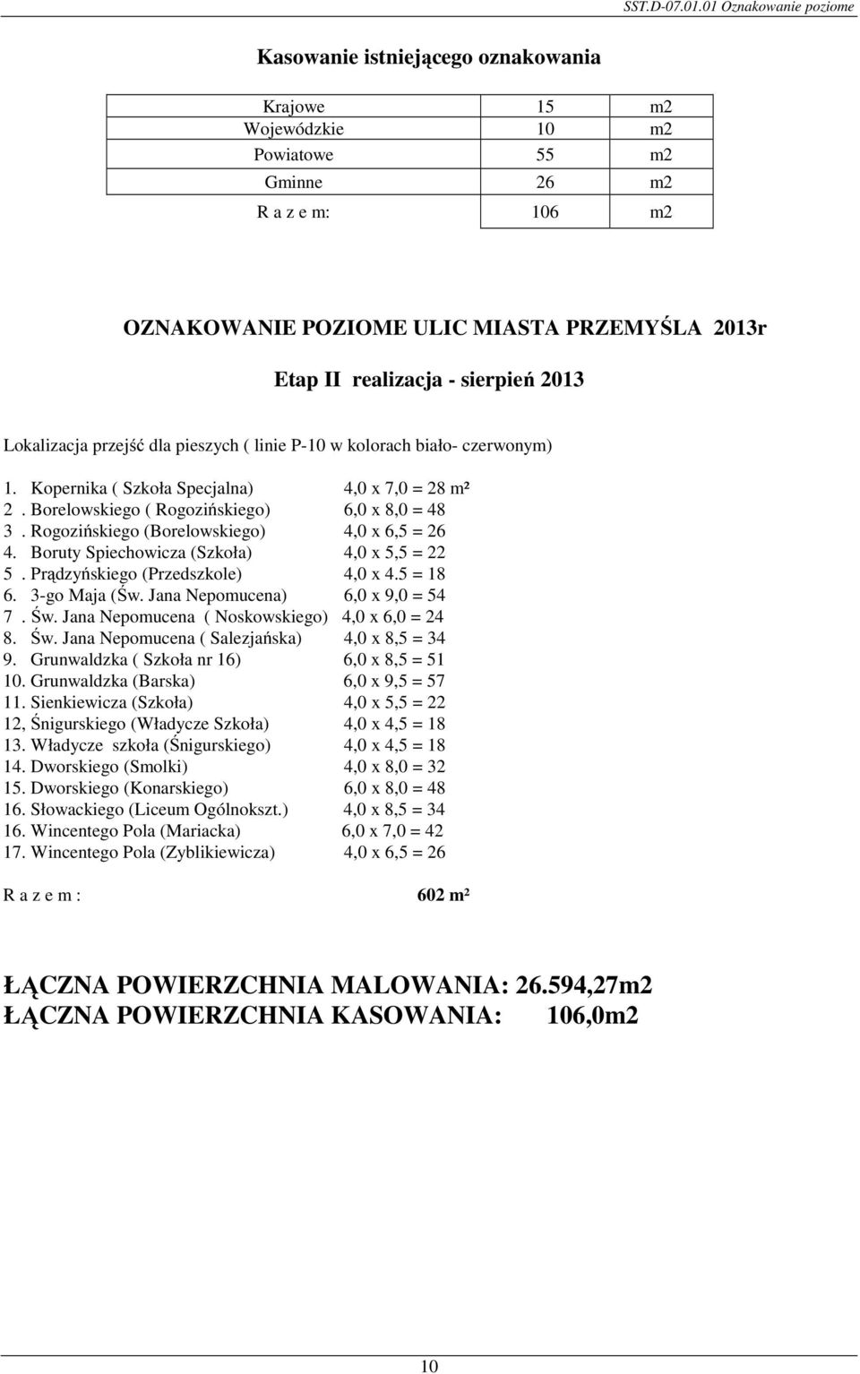 Rogozińskiego (Borelowskiego) 4,0 x 6,5 = 26 4. Boruty Spiechowicza (Szkoła) 4,0 x 5,5 = 22 5. Prądzyńskiego (Przedszkole) 4,0 x 4.5 = 18 6. 3-go Maja (Św. Jana Nepomucena) 6,0 x 9,0 = 54 7. Św.