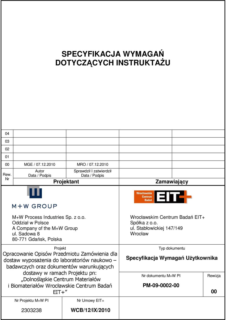 Sadowa 8 80-771 Gdańsk, Polska Projekt Opracowanie Opisów Przedmiotu Zamówienia dla dostaw wyposaŝenia do laboratoriów naukowo badawczych oraz dokumentów warunkujących dostawy w ramach