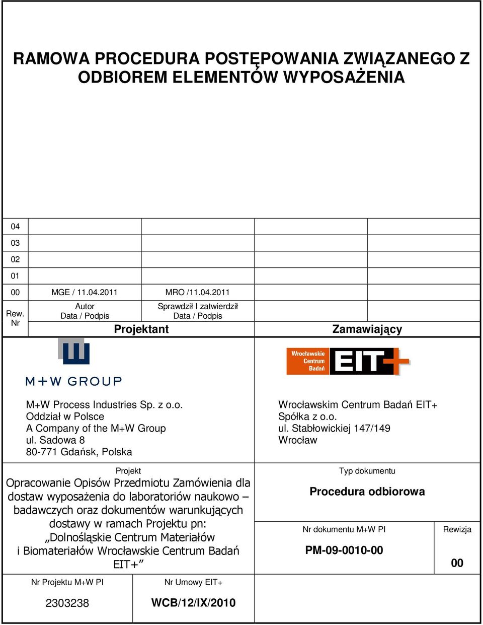 Sadowa 8 80-771 Gdańsk, Polska Projekt Opracowanie Opisów Przedmiotu Zamówienia dla dostaw wyposaŝenia do laboratoriów naukowo badawczych oraz dokumentów warunkujących dostawy w ramach Projektu