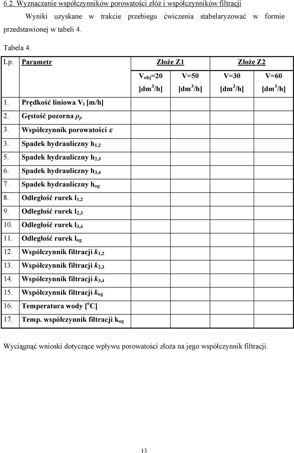 Odległość rurek l 1,2 9. Odległość rurek l 2,3 10. Odległość rurek l 3,4 11. Odległość rurek l og 12. Współczynnik filtracji k 1,2 13. Współczynnik filtracji k 2,3 14. Współczynnik filtracji k 3,4 15.