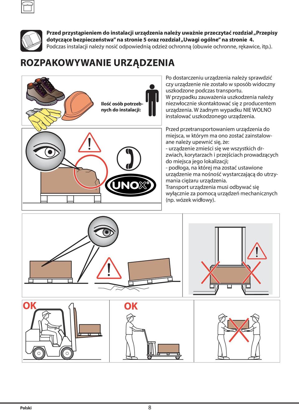 ROZPAKOWYWANIE URZĄDZENIA Ilość osób potrzebnych do instalacji: Po dostarczeniu urządzenia należy sprawdzić czy urządzenie nie zostało w sposób widoczny uszkodzone podczas transportu.