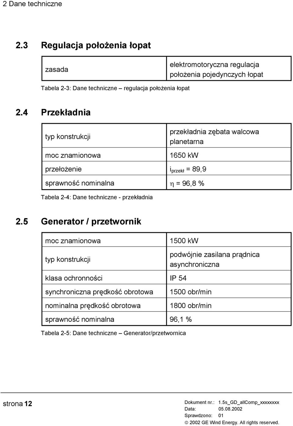 4 Przekładnia typ konstrukcji moc znamionowa przekładnia zębata walcowa planetarna 1650 kw przełożenie i przekł = 89,9 sprawność nominalna η = 96,8 % Tabela 2-4: Dane