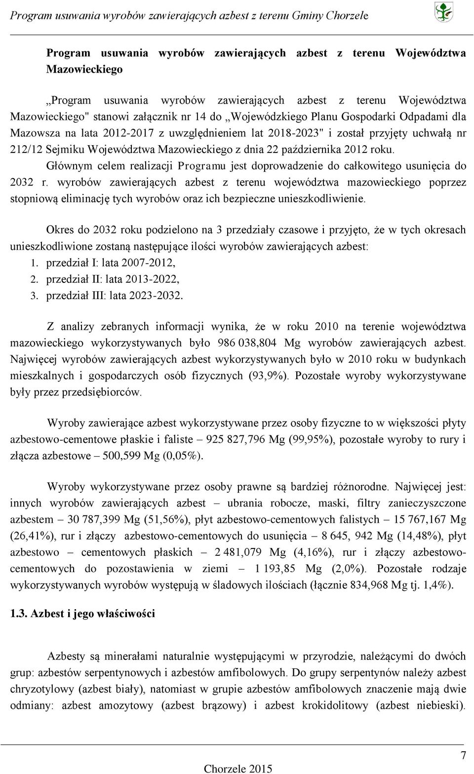 2012 roku. Głównym celem realizacji Programu jest doprowadzenie do całkowitego usunięcia do 2032 r.