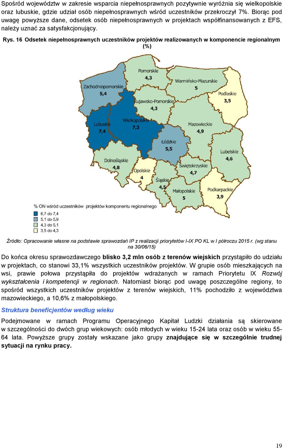 16 Odsetek niepełnosprawnych uczestników projektów realizowanych w komponencie regionalnym (%) Źródło: Opracowanie własne na podstawie sprawozdań IP z realizacji priorytetów I-IX PO KL w I półroczu