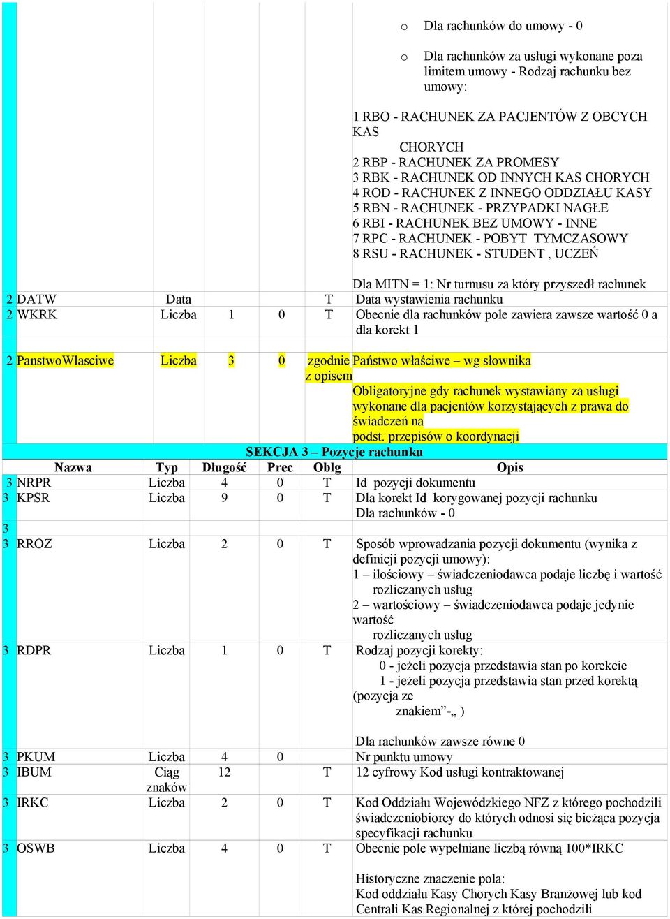 STUDENT, UCZEŃ Dla MITN = 1: Nr turnusu a który prysedł rachunek 2 DATW Data T Data wystawienia rachunku 2 WKRK Licba 1 0 T Obecnie dla rachunków pole awiera awse wartość 0 a dla korekt 1 2