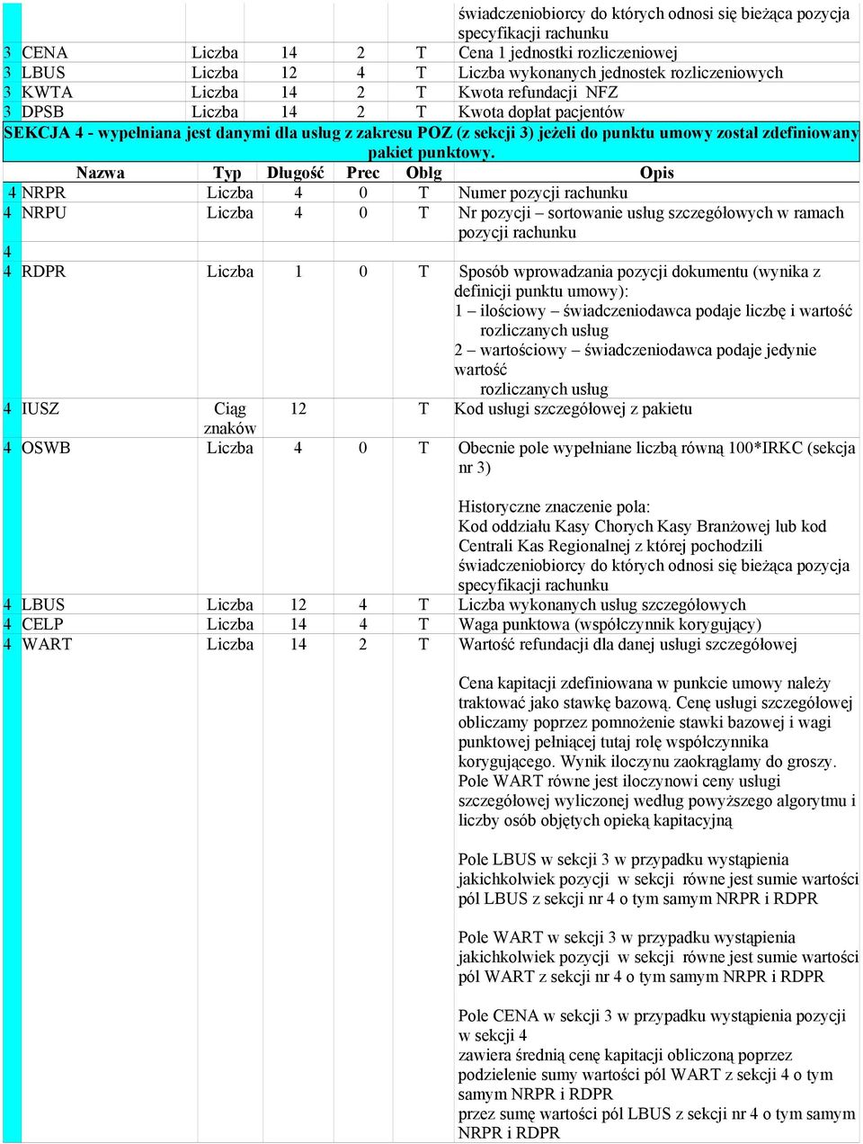 Nawa Typ Długość Prec Oblg Opis 4 NRPR Licba 4 0 T Numer poycji rachunku 4 NRPU Licba 4 0 T Nr poycji sortowanie usług scegółowych w ramach poycji rachunku 4 4 RDPR Licba 1 0 T Sposób wprowadania