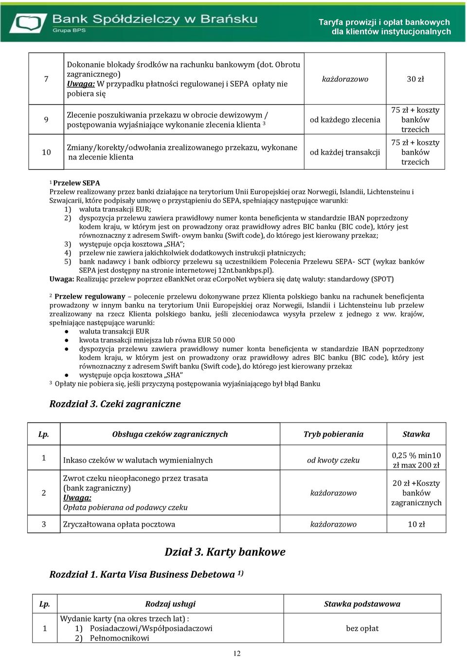 Zmiany/korekty/odwołania zrealizowanego przekazu, wykonane na zlecenie klienta od każdego zlecenia od każdej transakcji 75 zł + koszty banków trzecich 75 zł + koszty banków trzecich Przelew SEPA