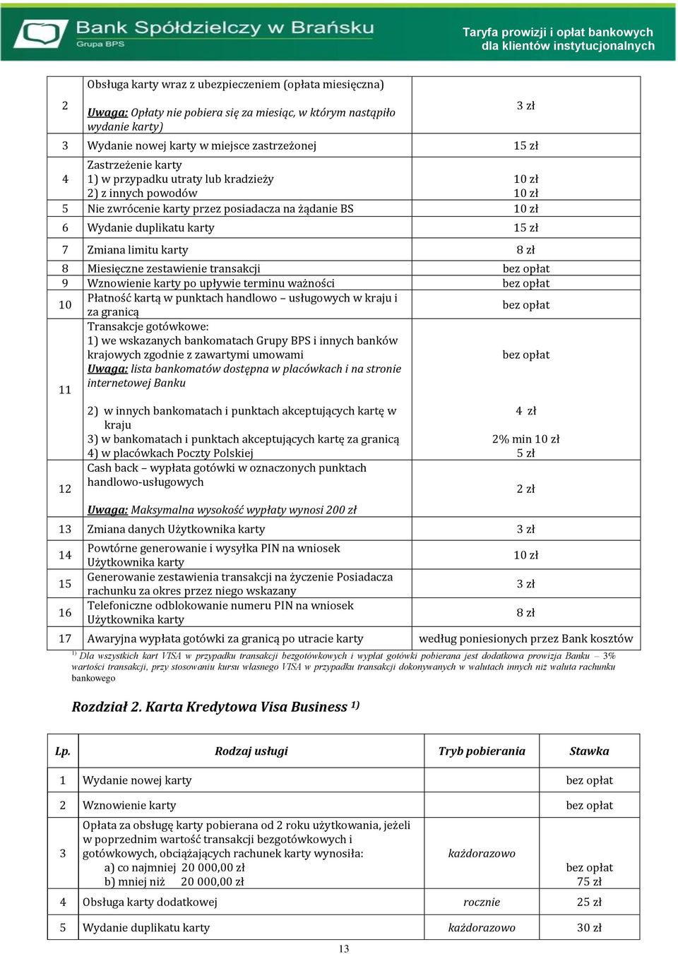 zestawienie transakcji 9 Wznowienie karty po upływie terminu ważności 0 Płatność kartą w punktach handlowo usługowych w kraju i za granicą Transakcje gotówkowe: ) we wskazanych bankomatach Grupy BPS