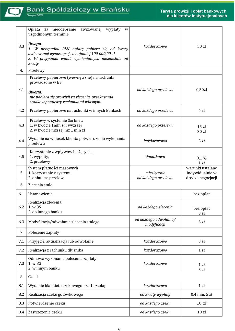 Przelewy papierowe (wewnętrzne) na rachunki prowadzone w BS nie pobiera się prowizji za zlecenia przekazania środków pomiędzy rachunkami własnymi od każdego przelewu 0,50zł 4.