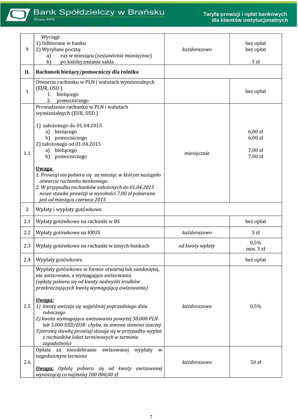 ) założonego do 0.04.205 a) bieżącego b) pomocniczego 2) założonego od 0.04.205 a) bieżącego b) pomocniczego miesięcznie 6,00 zł 6,00 zł 7,00 zł 7,00 zł.