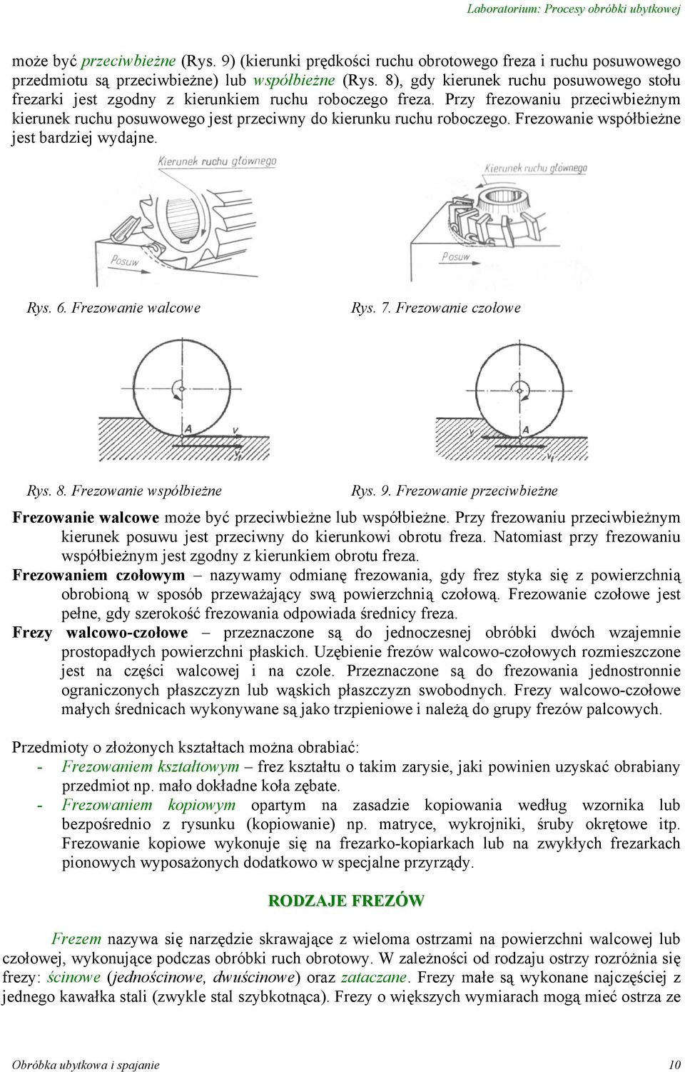 Frezowanie współbieżne jest bardziej wydajne. Rys. 6. Frezowanie walcowe Rys. 7. Frezowanie czołowe Rys. 8. Frezowanie współbieżne Rys. 9.