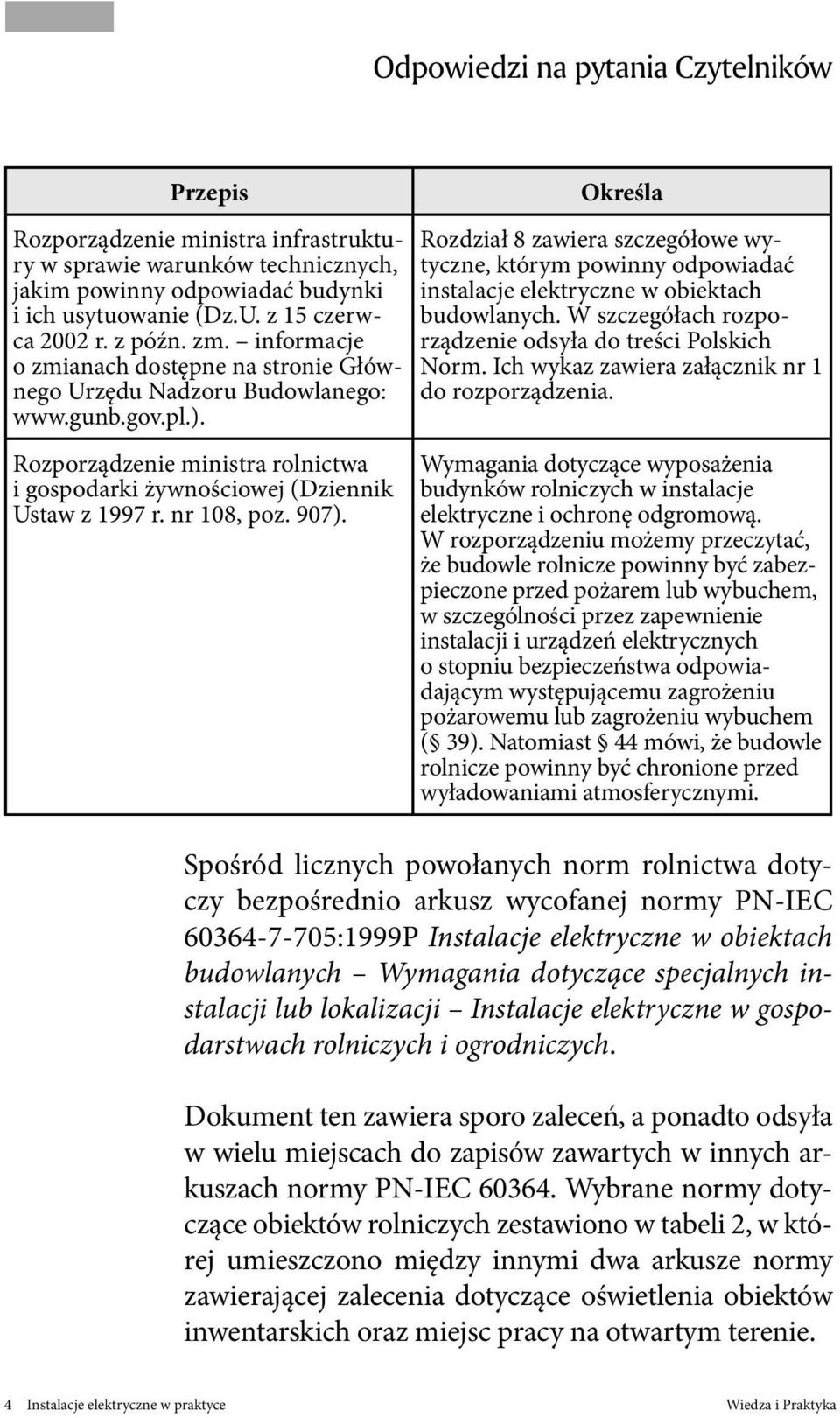 907). Określa Rozdział 8 zawiera szczegółowe wytyczne, którym powinny odpowiadać instalacje elektryczne w obiektach budowlanych. W szczegółach rozporządzenie odsyła do treści Polskich Norm.