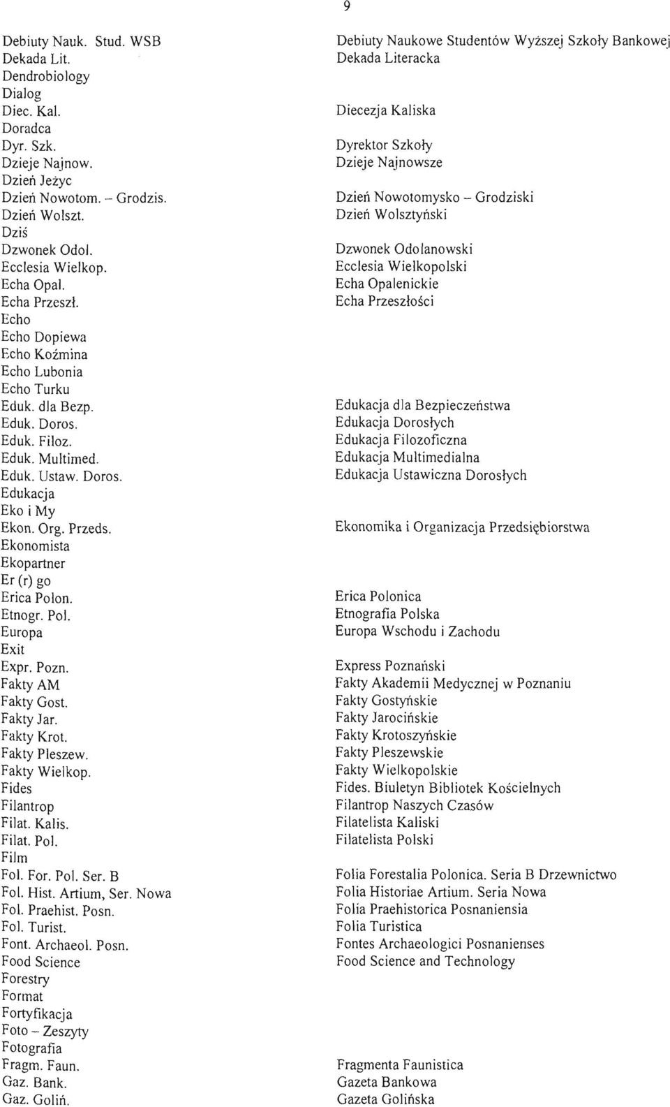 Ekonomista Ekopartner Er (r) go Erica Polon. Etnogr. Pol. Europa Exit Expr. Pozn. Fakty AM Fakty Gost. Fakty Jar. Fakty Krot. Fakty Pleszew. Fakty Wielkop. Fides Filantrop Filat. Kalis. Filat. Pol. Film Fol.