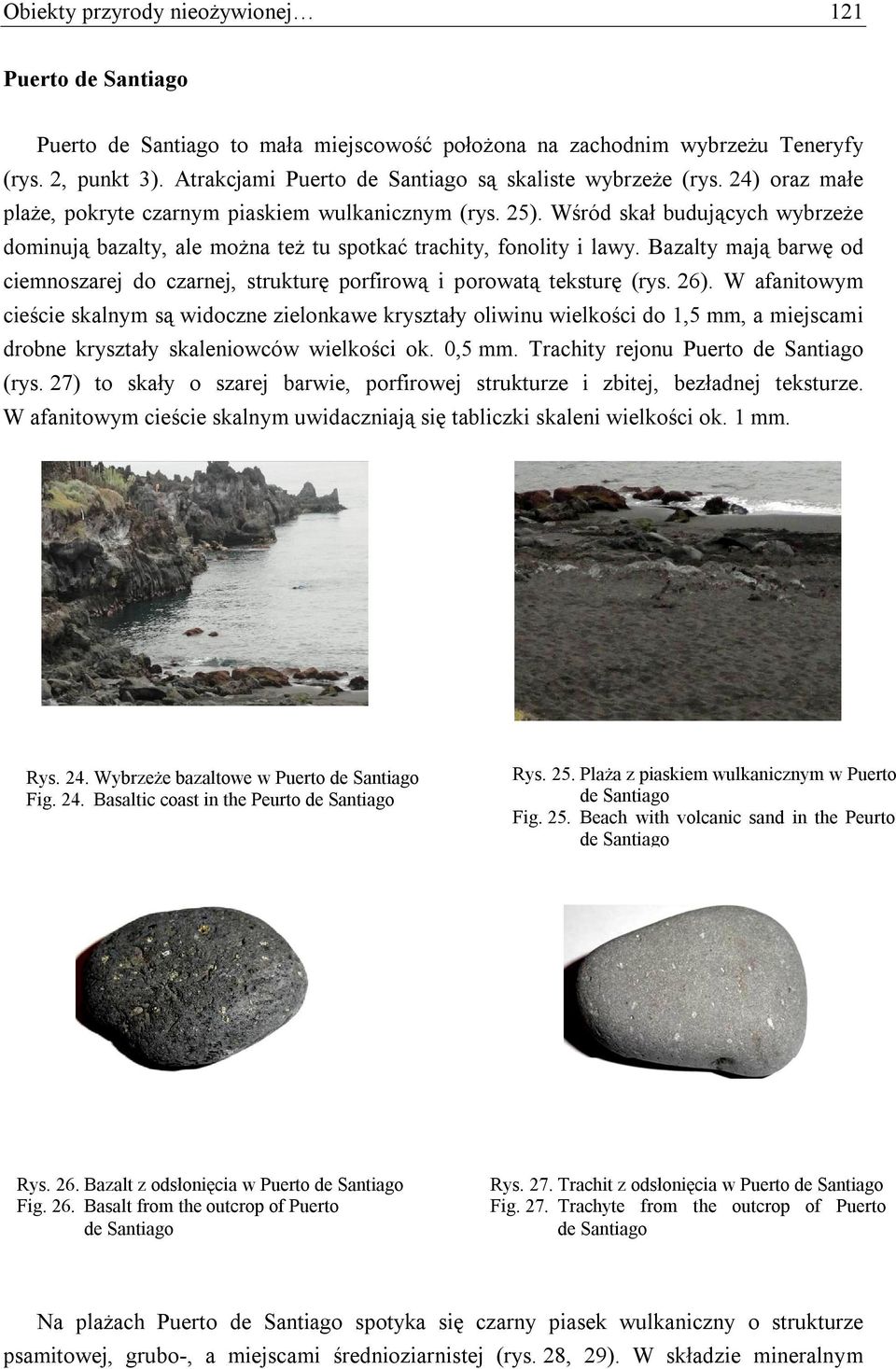 Wśród skał budujących wybrzeże dominują bazalty, ale można też tu spotkać trachity, fonolity i lawy. Bazalty mają barwę od ciemnoszarej do czarnej, strukturę porfirową i porowatą teksturę (rys. 26).