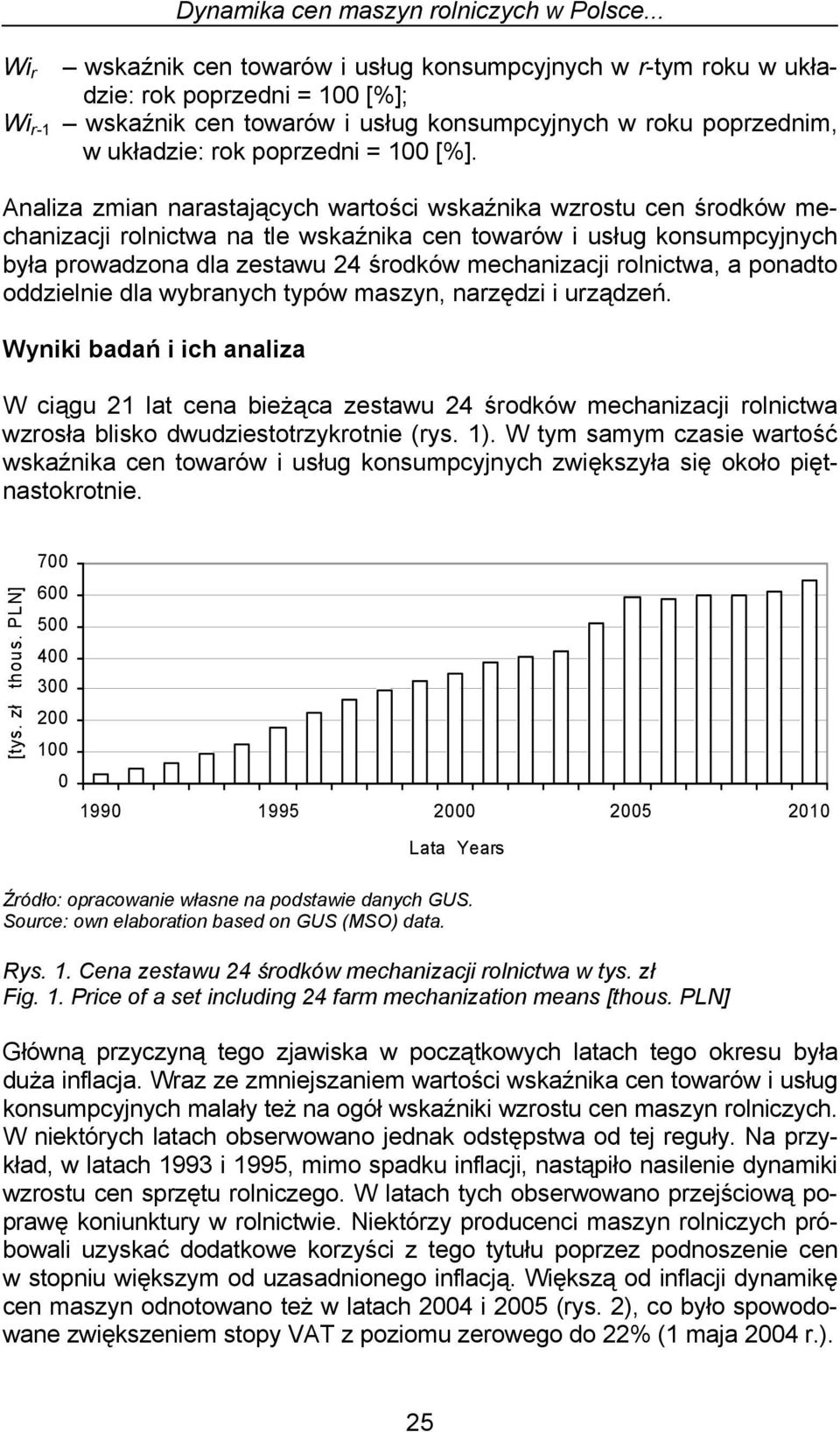 Analiza zmian narastających wartości wskaźnika wzrostu cen środków mechanizacji rolnictwa na tle wskaźnika cen towarów i usług konsumpcyjnych była prowadzona dla zestawu 24 środków mechanizacji