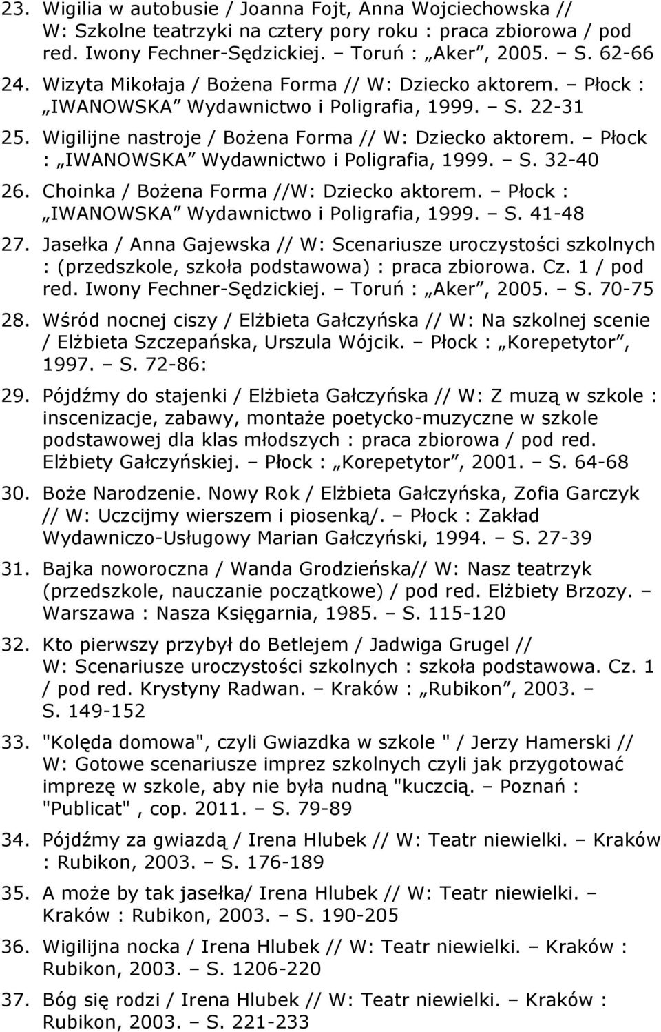 Płock : IWANOWSKA Wydawnictwo i Poligrafia, 1999. S. 32-40 26. Choinka / Bożena Forma //W: Dziecko aktorem. Płock : IWANOWSKA Wydawnictwo i Poligrafia, 1999. S. 41-48 27.