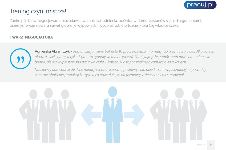 TWARZ NEGOCJATORA Agnieszka Abramczyk: - Komunikacja niewerbalna to 93 proc. przekazu informacji (55 proc. ruchy ciała, 38 proc. siła głosu, dźwięk, rytm), a tylko 7 proc.