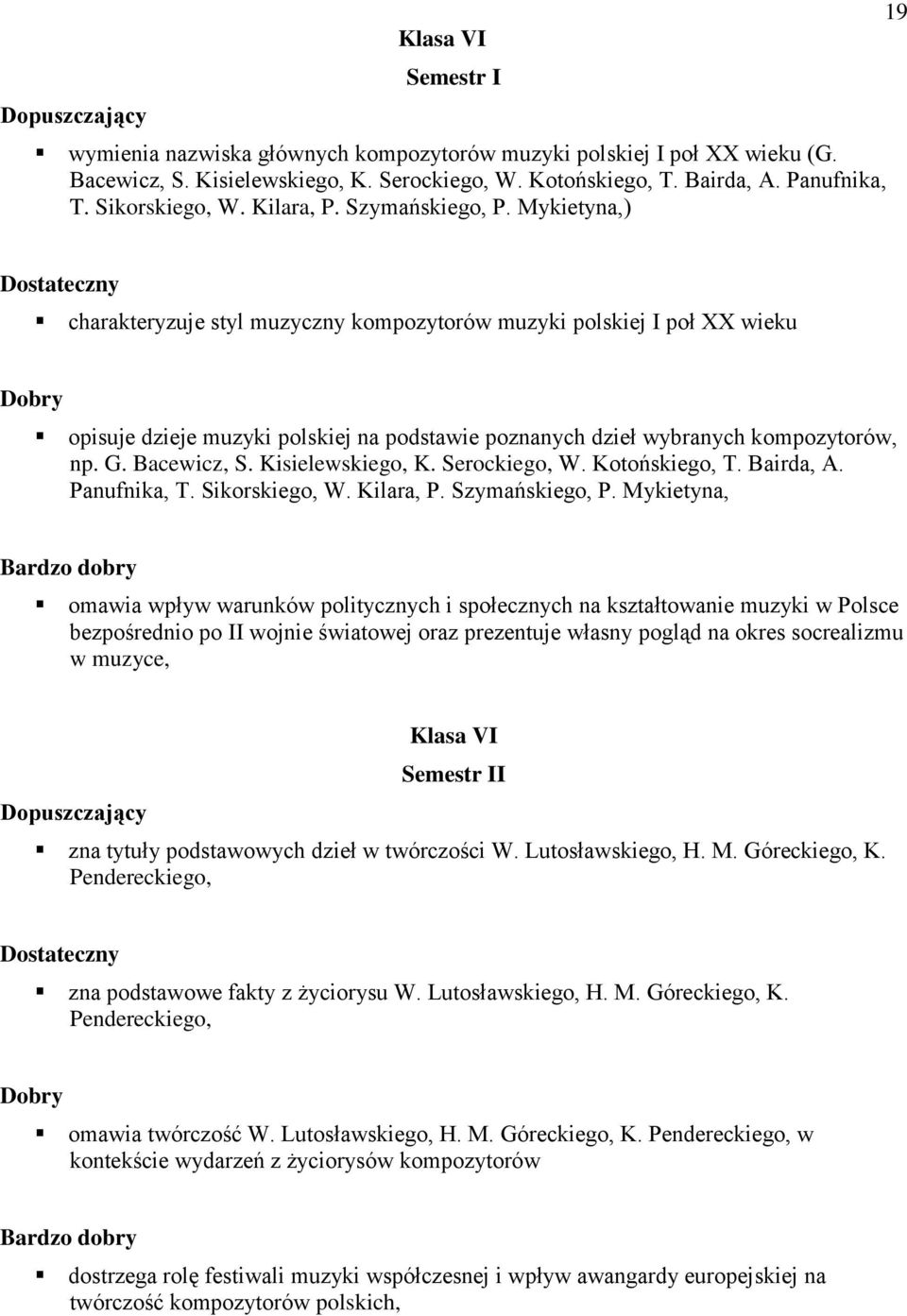 Mykietyna,) 19 charakteryzuje styl muzyczny kompozytorów muzyki polskiej I poł XX wieku opisuje dzieje muzyki polskiej na podstawie poznanych dzieł wybranych kompozytorów, np. G. Bacewicz, S.