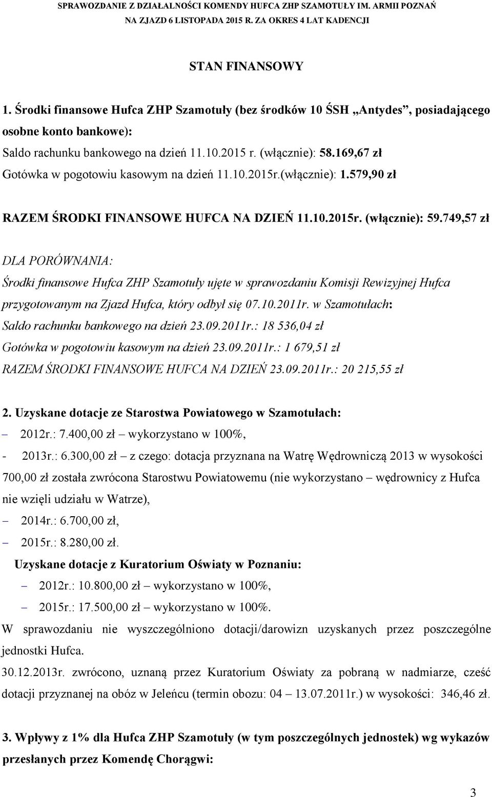 749,57 zł DLA PORÓWNANIA: Środki finansowe Hufca ZHP Szamotuły ujęte w sprawozdaniu Komisji Rewizyjnej Hufca przygotowanym na Zjazd Hufca, który odbył się 07.10.2011r.