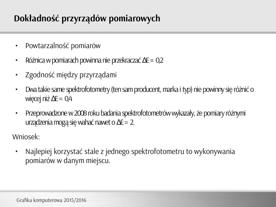 niż ΔE = 0,4 Przeprowadzone w 2008 roku badania spektrofotometrów wykazały, że pomiary różnymi urządzenia mogą się