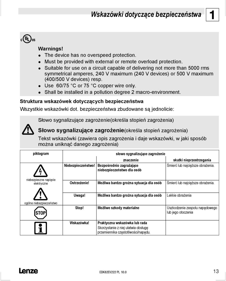 Use 60/75 C or 75 C copper wire only. Shall be installed in a pollution degree 2 macro-environment. Struktura wskazówek dotyczących bezpieczeństwa Wszystkie wskazówki dot.