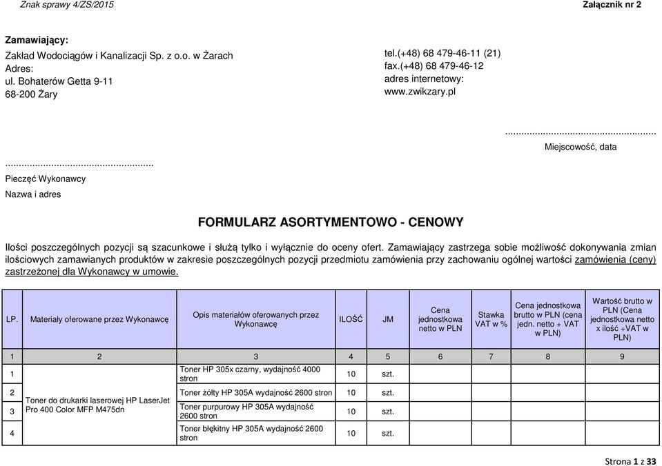 Zamawiający zastrzega sobie możliwość dokonywania zmian ilościowych zamawianych produktów w zakresie poszczególnych pozycji przedmiotu zamówienia przy zachowaniu ogólnej wartości zamówienia (ceny)