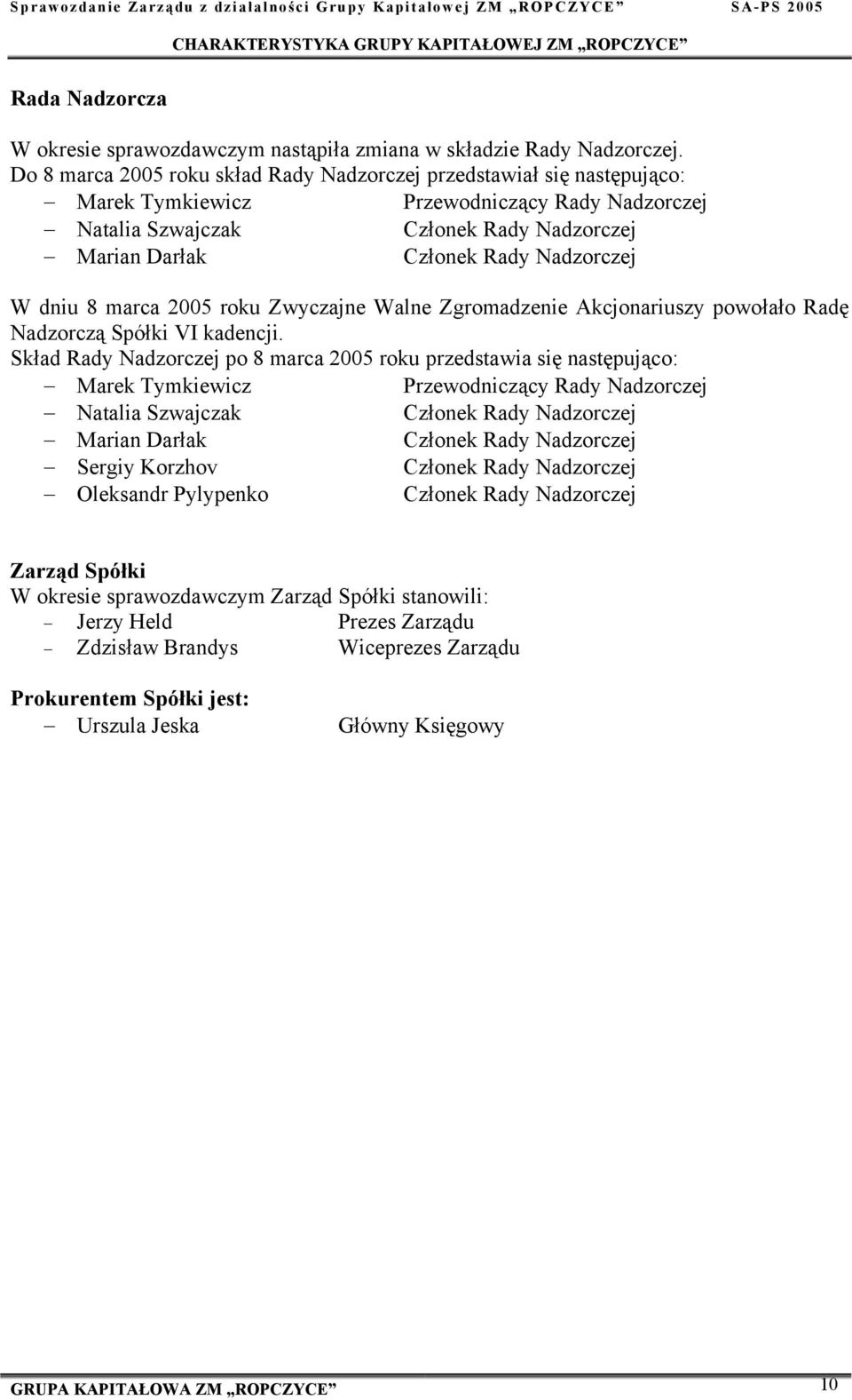 Nadzorczej W dniu 8 marca 2005 roku Zwyczajne Walne Zgromadzenie Akcjonariuszy powołało Radę Nadzorczą Spółki VI kadencji.