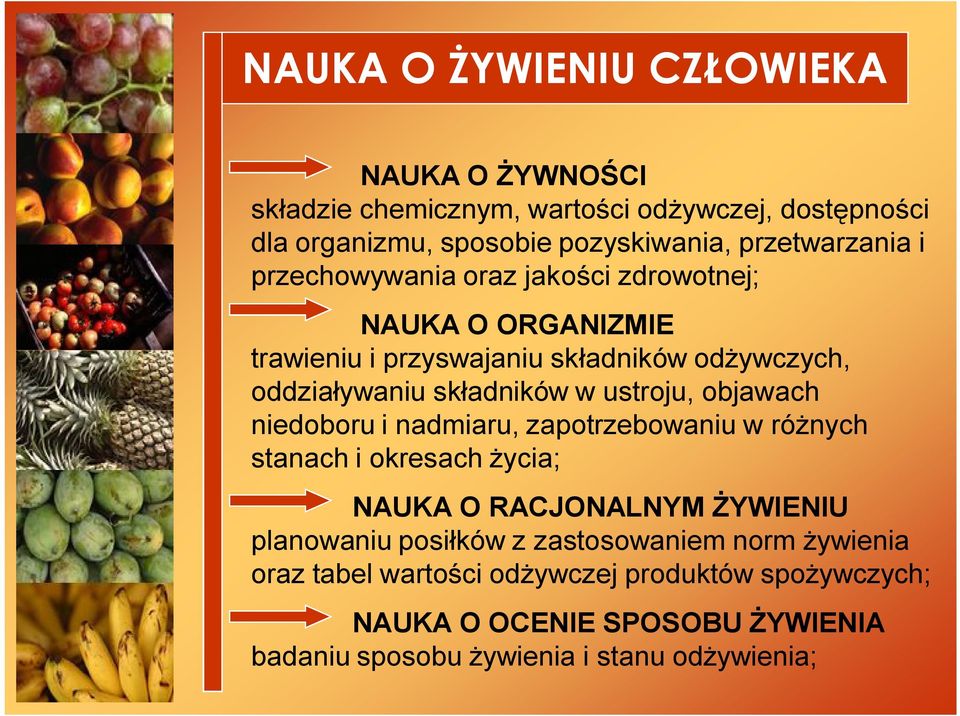 składników w ustroju, objawach niedoboru i nadmiaru, zapotrzebowaniu w różnych stanach i okresach życia; NAUKA O RACJONALNYM ŻYWIENIU planowaniu