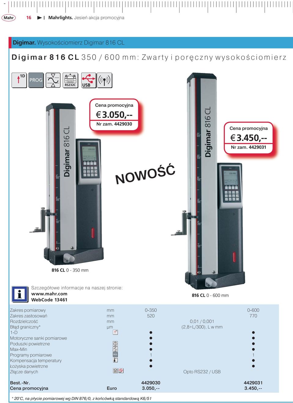 4429031 NOWOŚĆ 816 CL 0-350 mm WebCode 13461 816 CL 0-600 mm Zakres pomiarowy mm 0-350 0-600 Zakres zastosowań mm 520 770 Rozdzielczość mm 0,01 / 0,001 Błąd